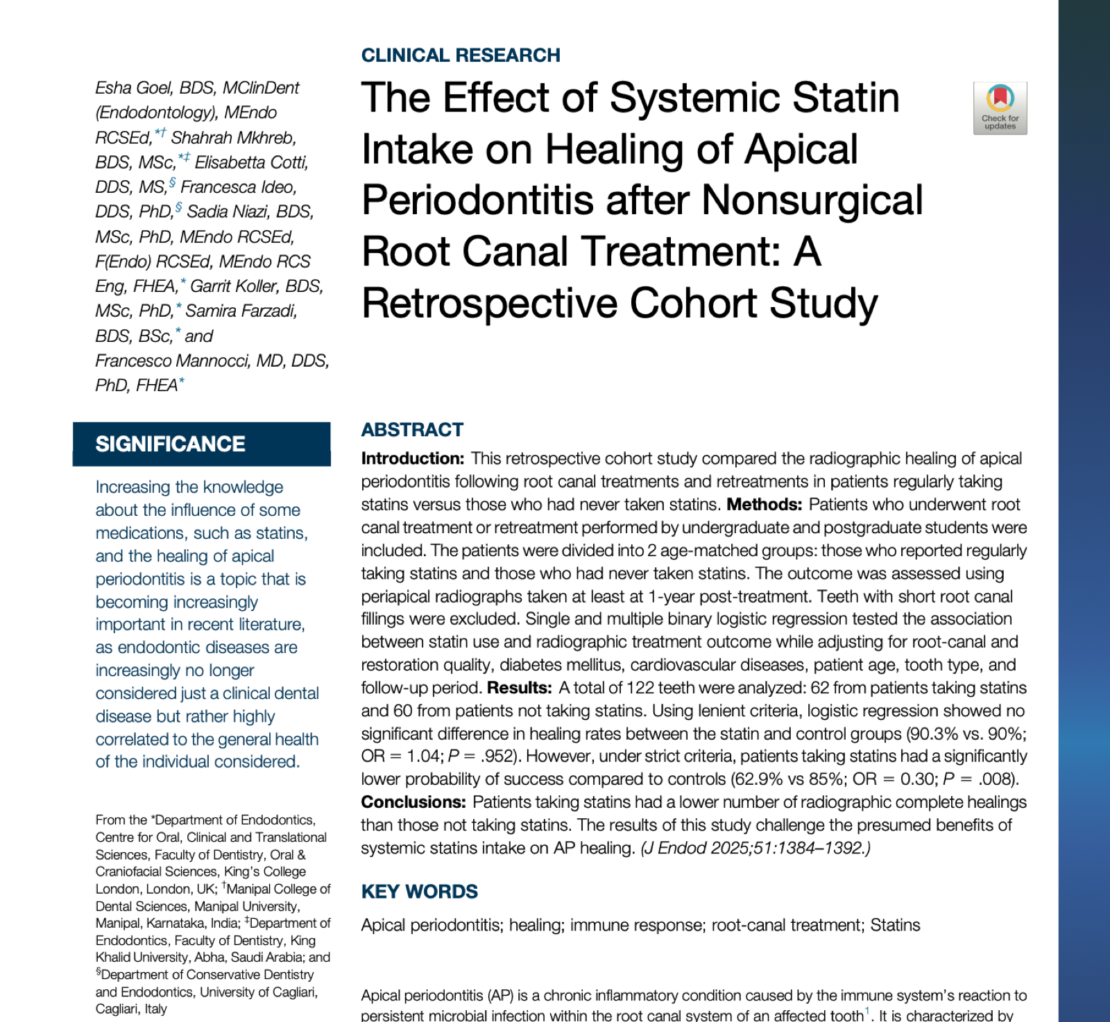 Dr. Goel's research paper in the Journal of Endodontics